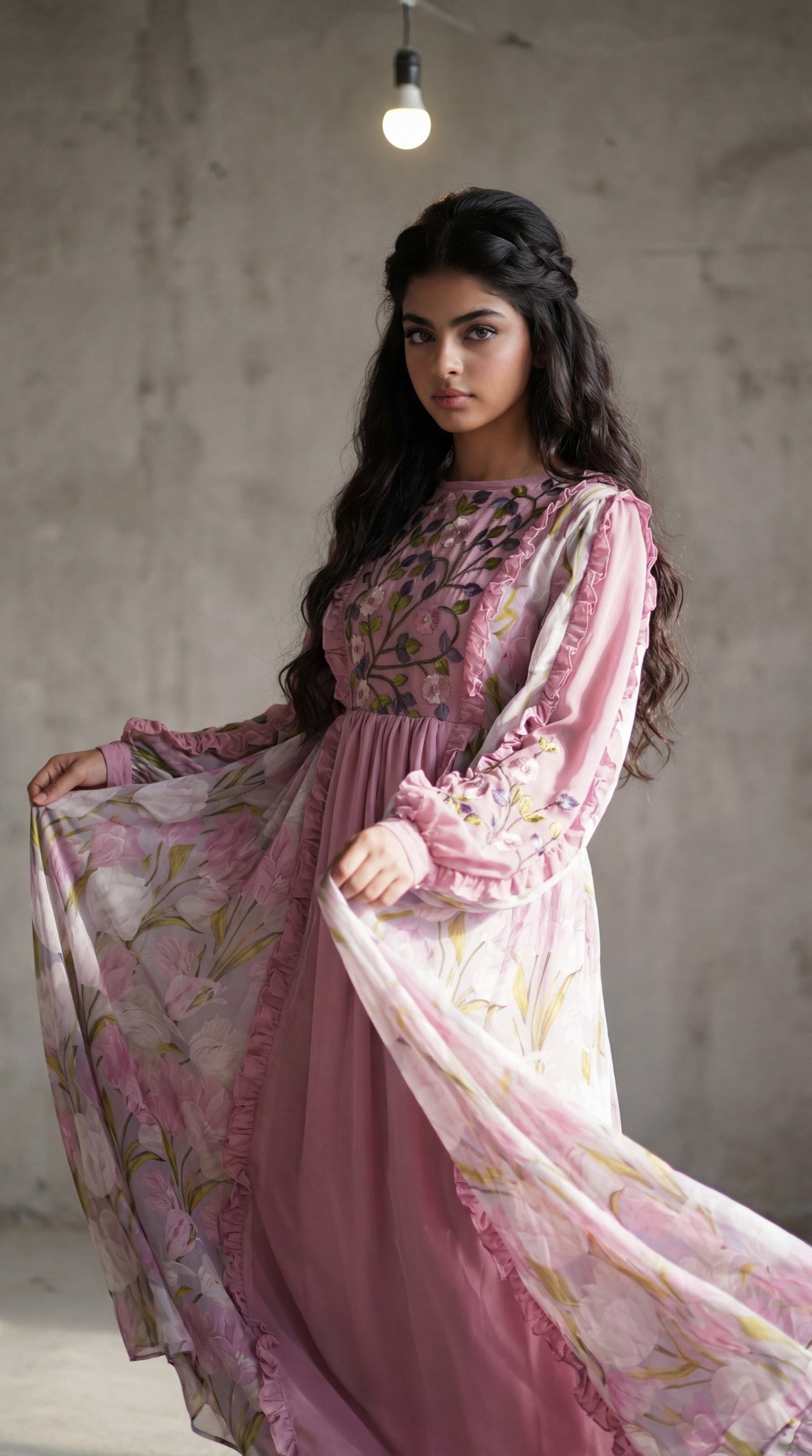 فستان من الشيفون والتطريز ودمج الساده