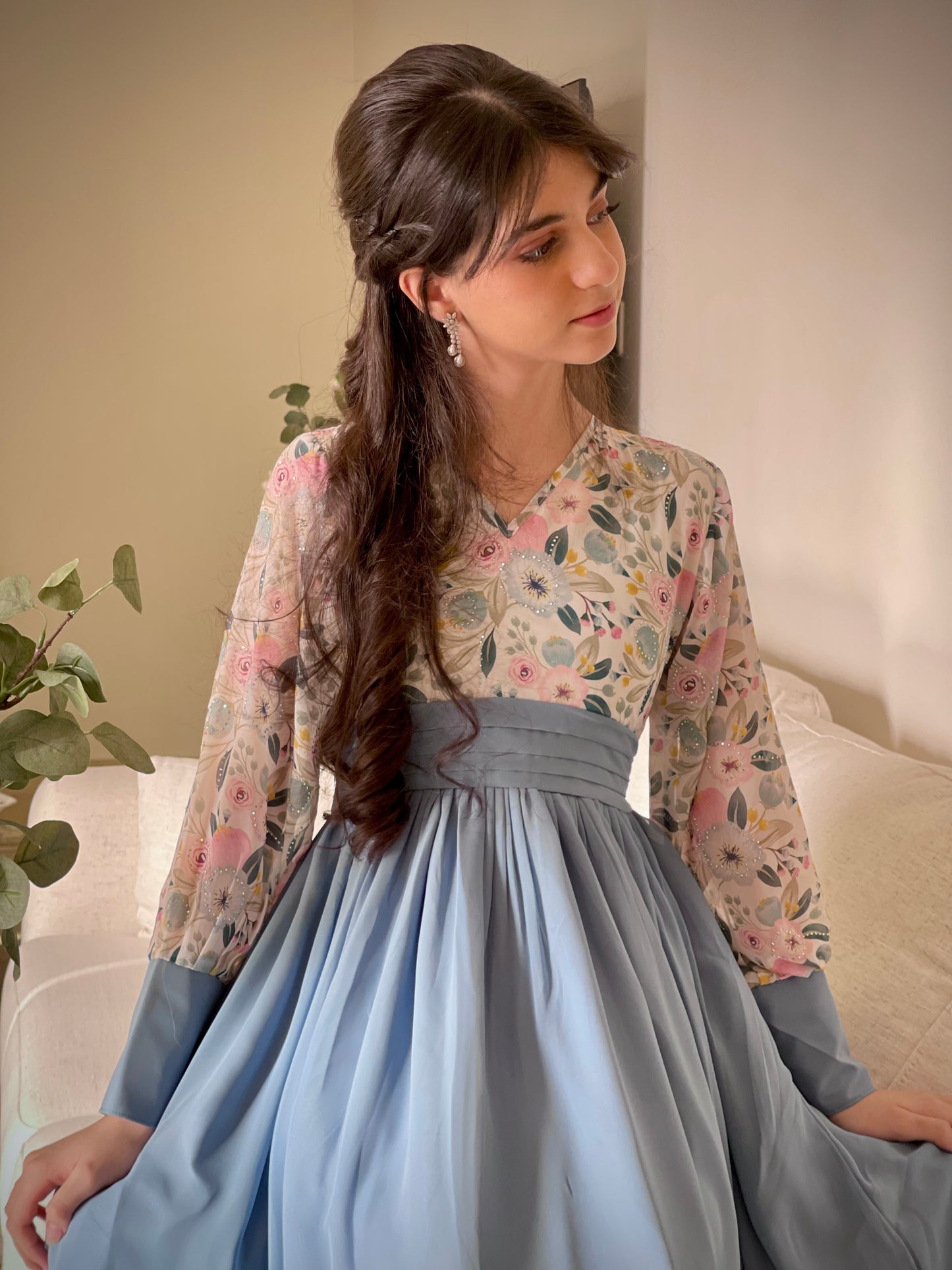 فستان شيفون فصوص مع ساده تسليم  قبل العيد