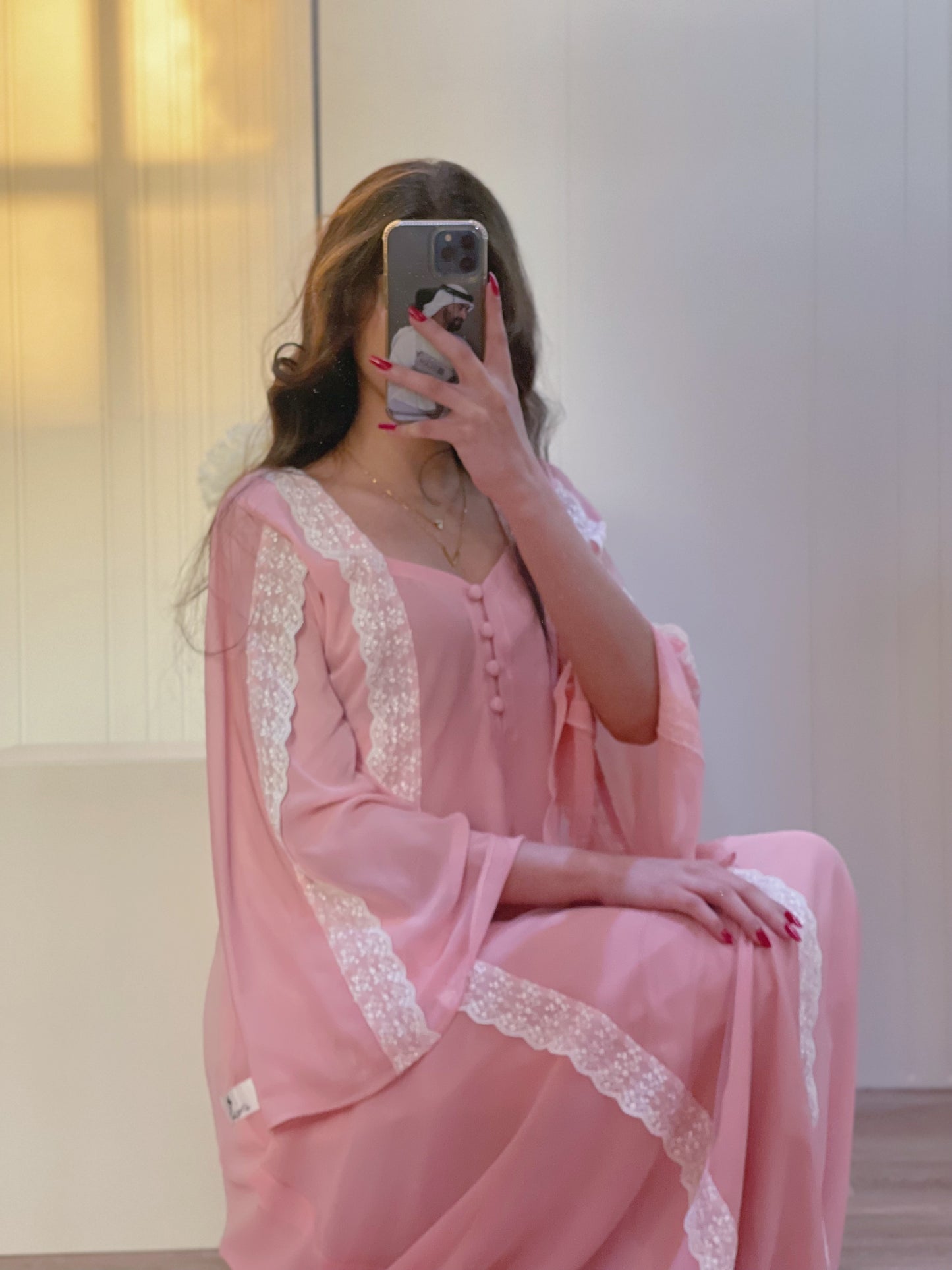 جلابيه دبل شيفون مع  تور ودانتيل