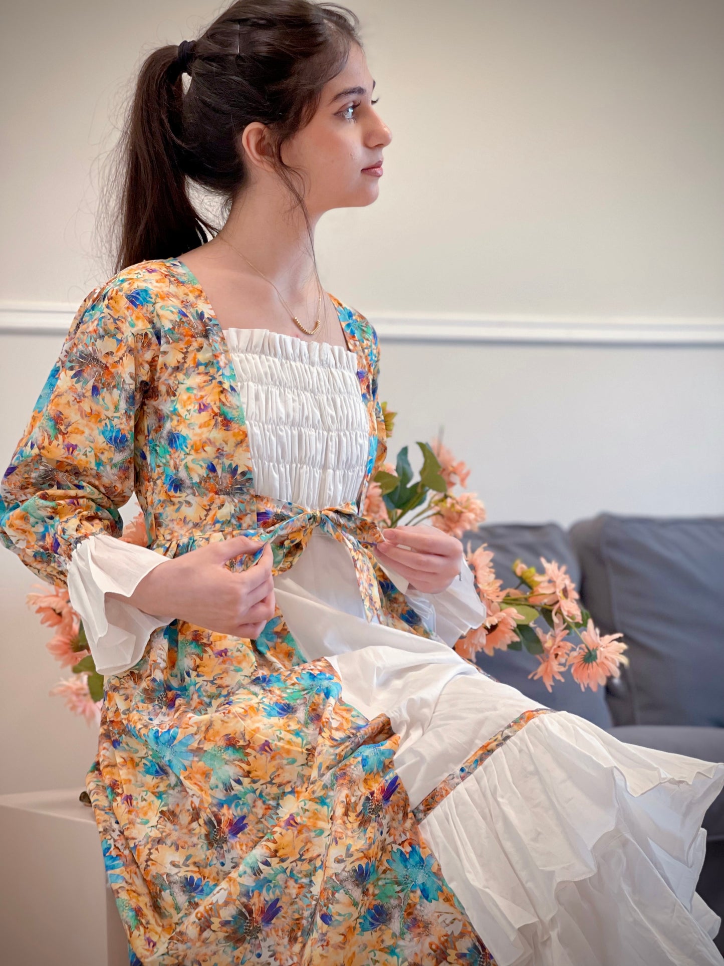 فستان قطن مع دمج السادة