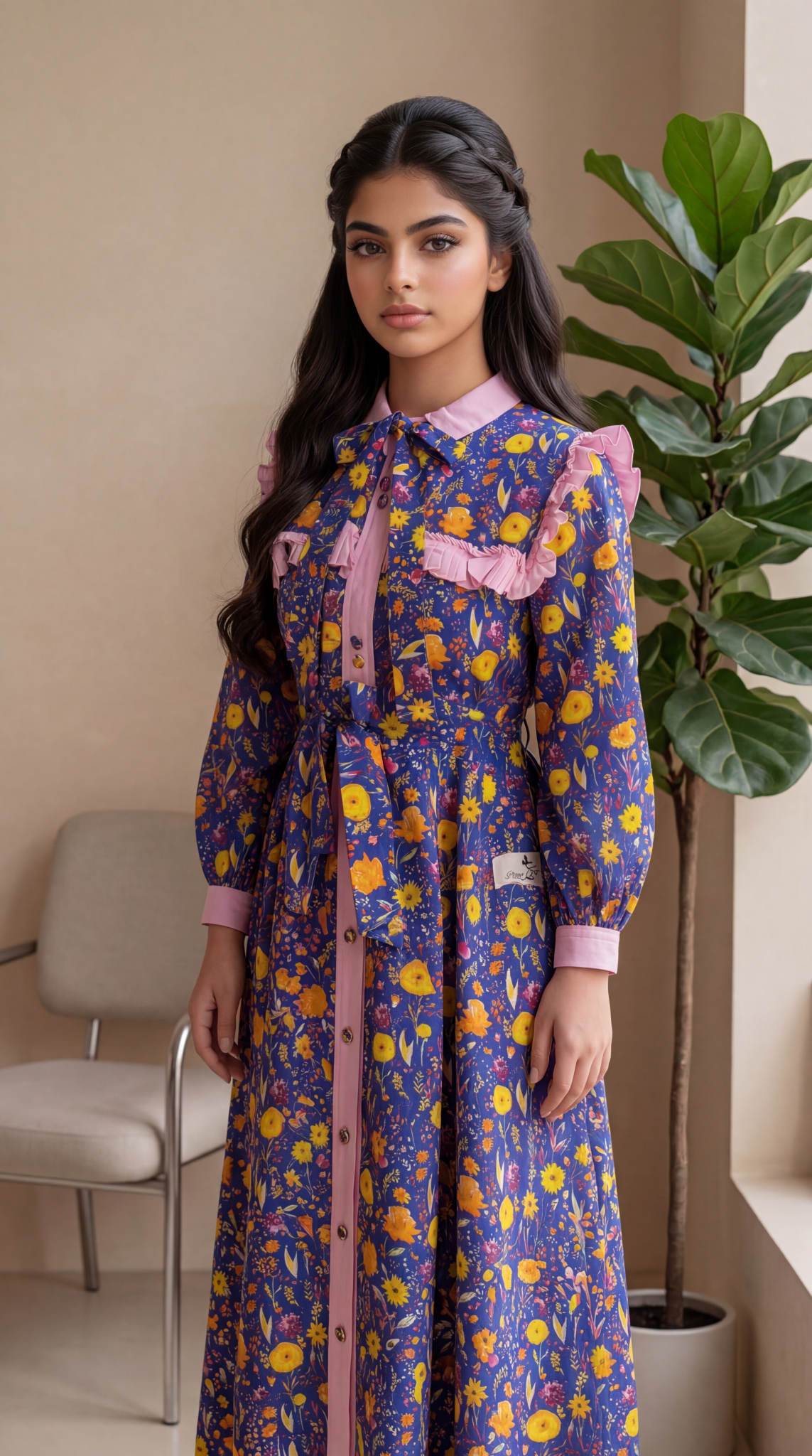 فستان قطن مع دمج السادة