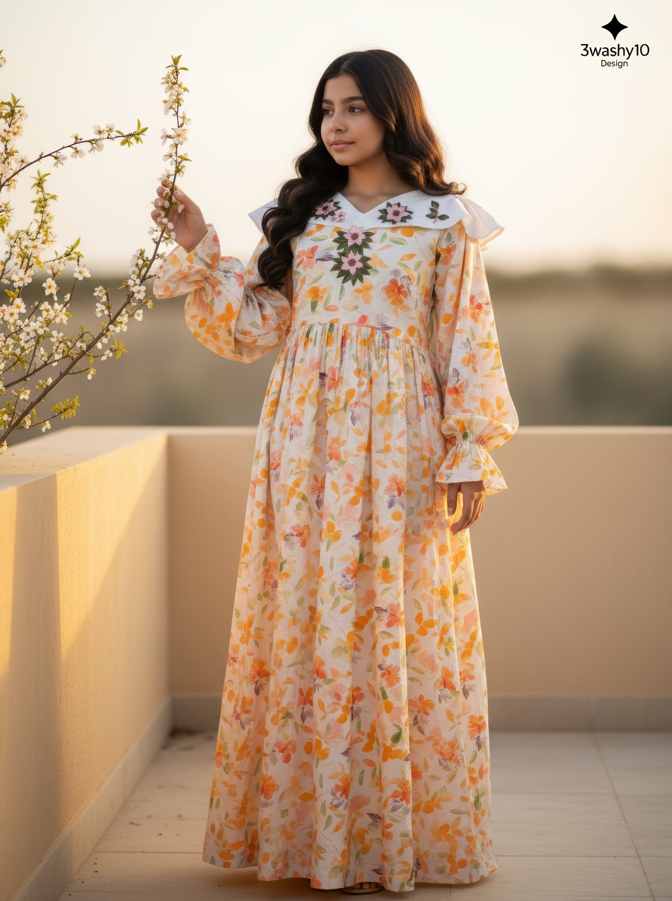 فستان قطن مع تطريز ودمج الساده