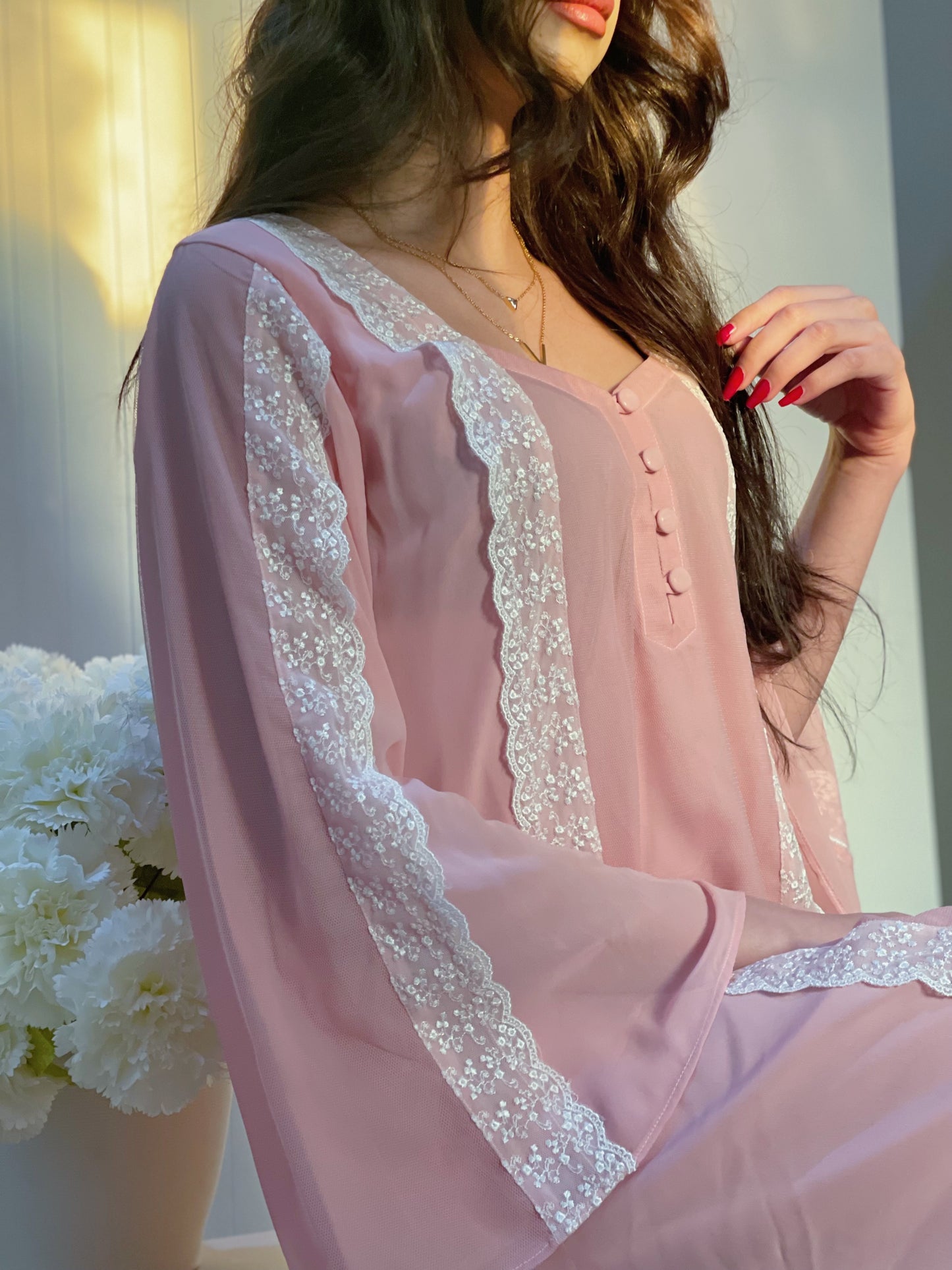 جلابيه دبل شيفون مع  تور ودانتيل