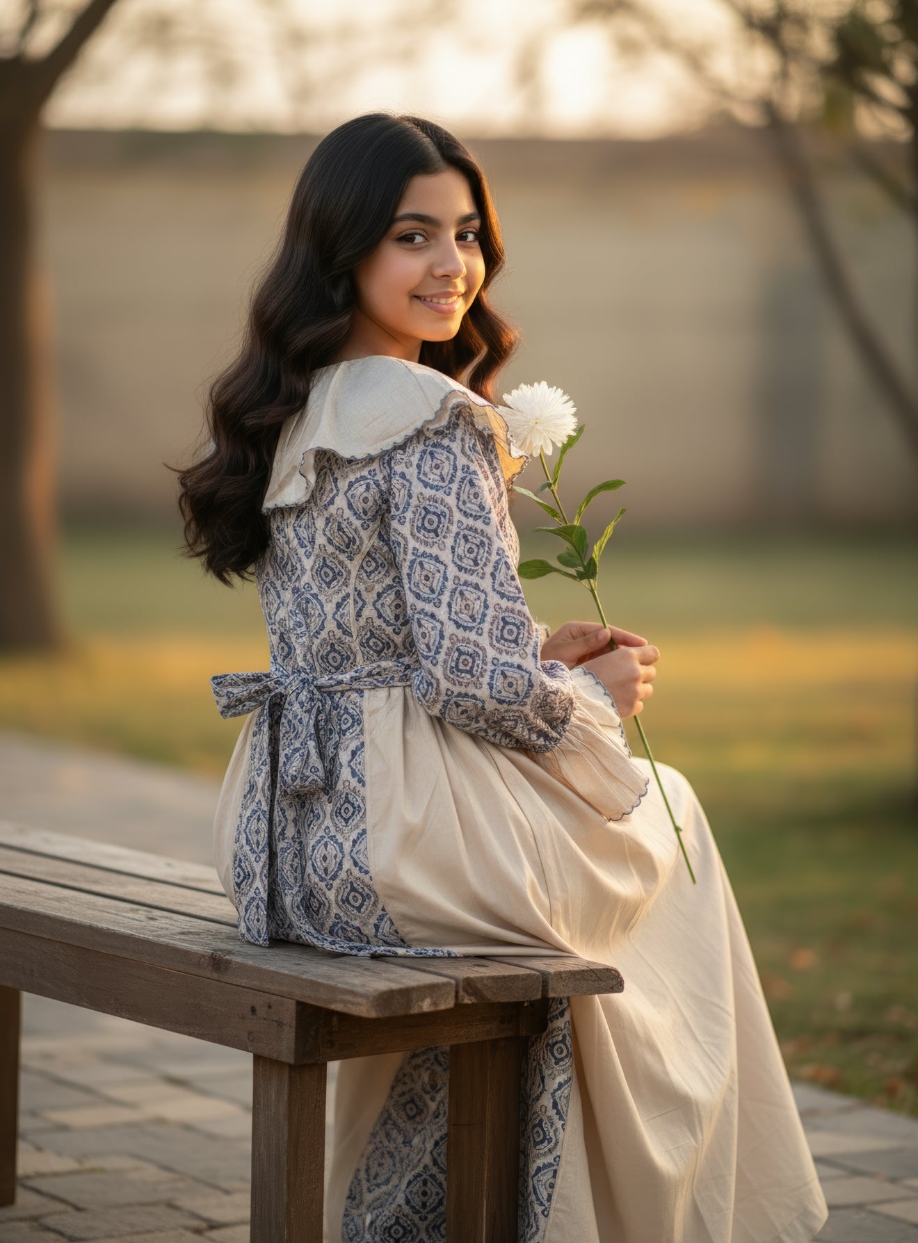 فستان قطن مع تطريز ودمج الساده