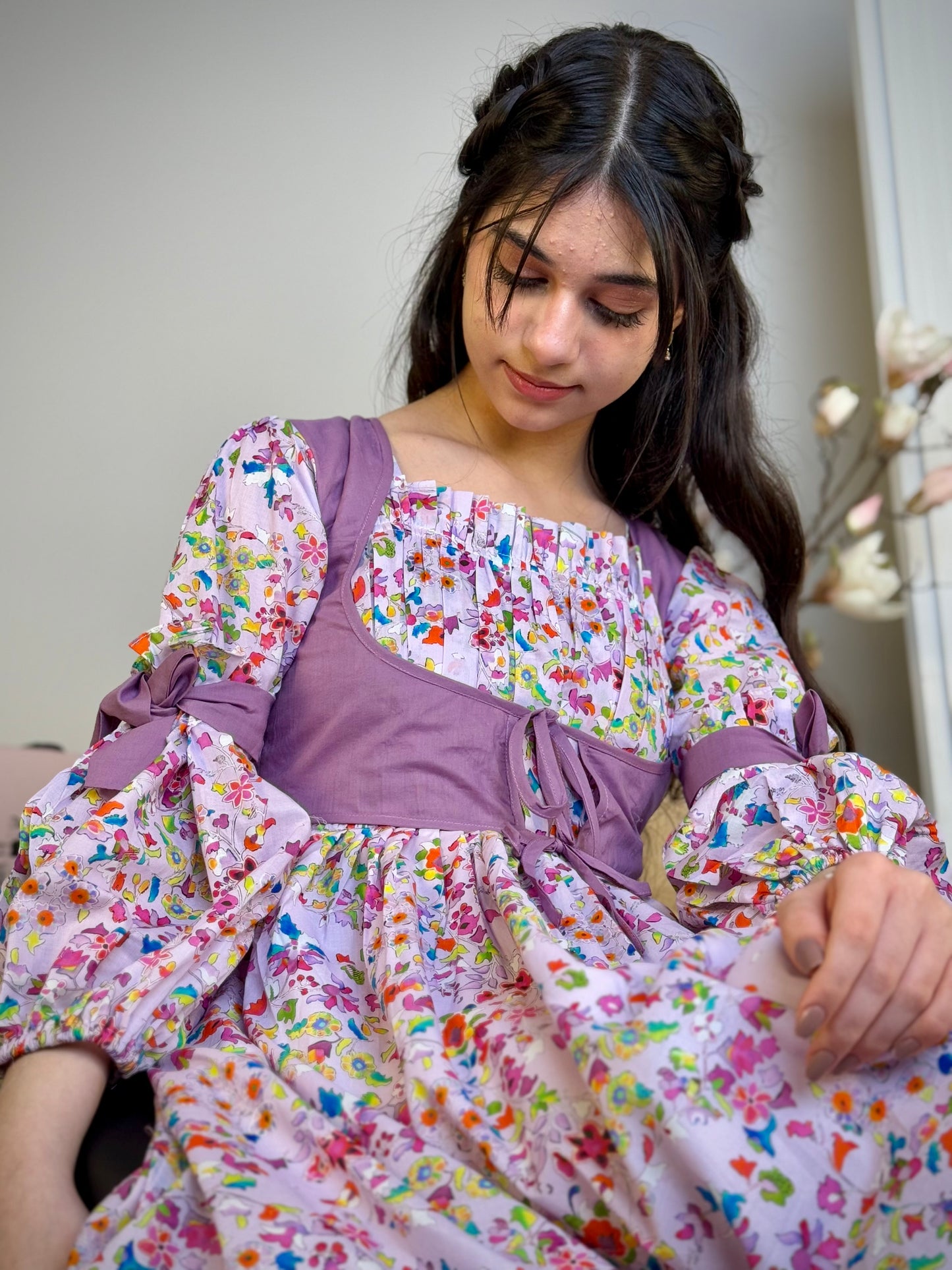 فستان قطن مع دمج السادة