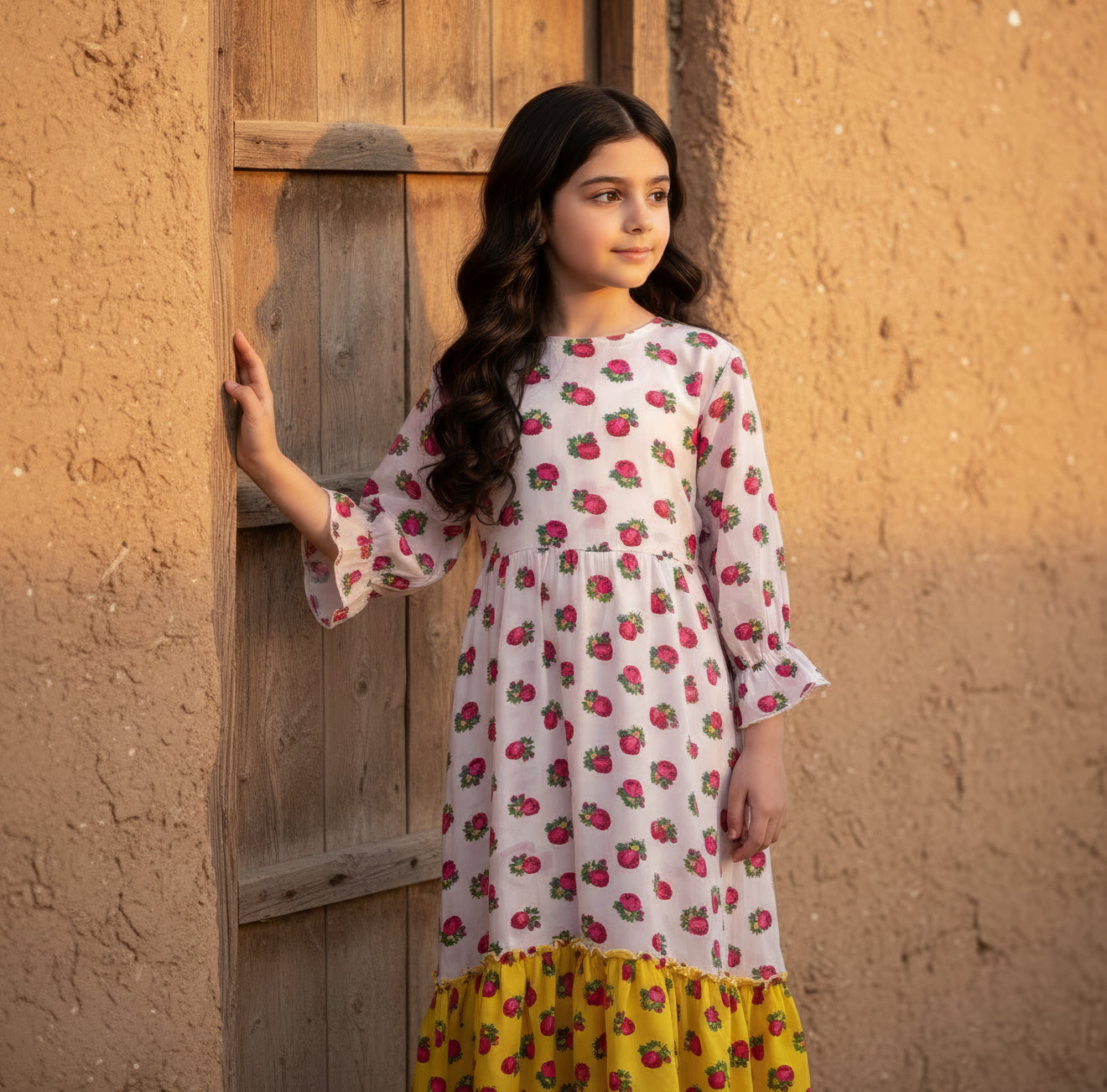 فستان قطن تراثي مع  ودمج لونين