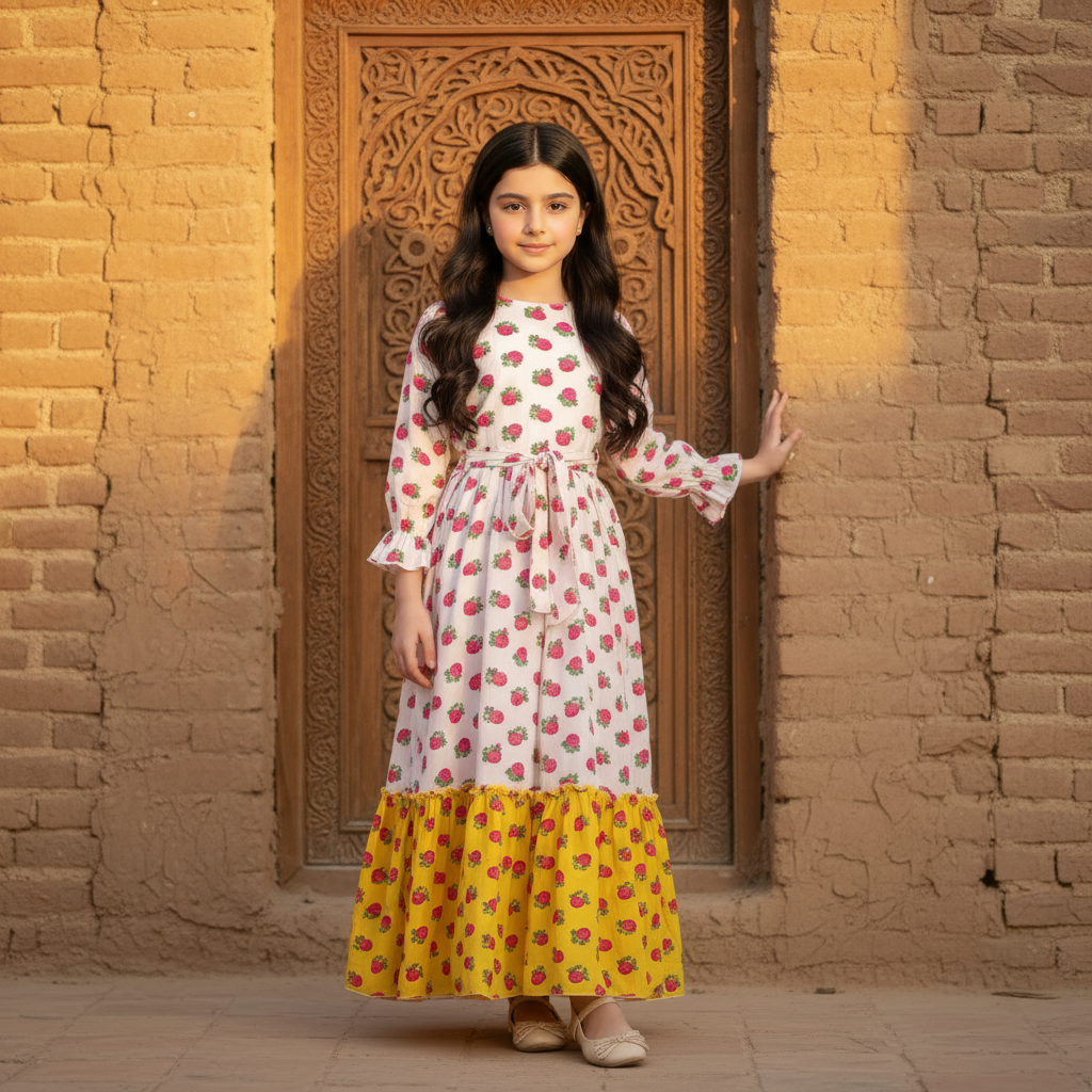 فستان قطن تراثي مع  ودمج لونين