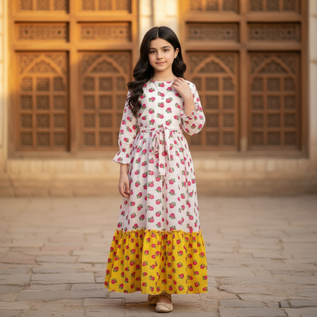 فستان قطن تراثي مع  ودمج لونين