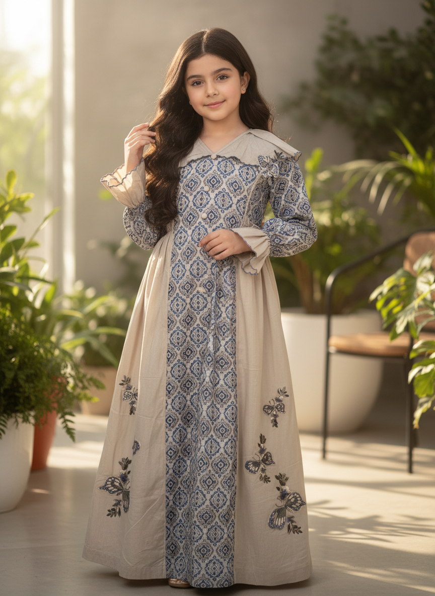 فستان قطن مع تطريز ودمج الساده