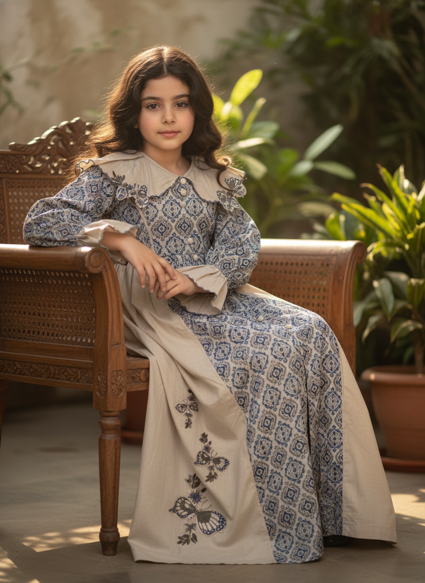 فستان قطن مع تطريز ودمج الساده