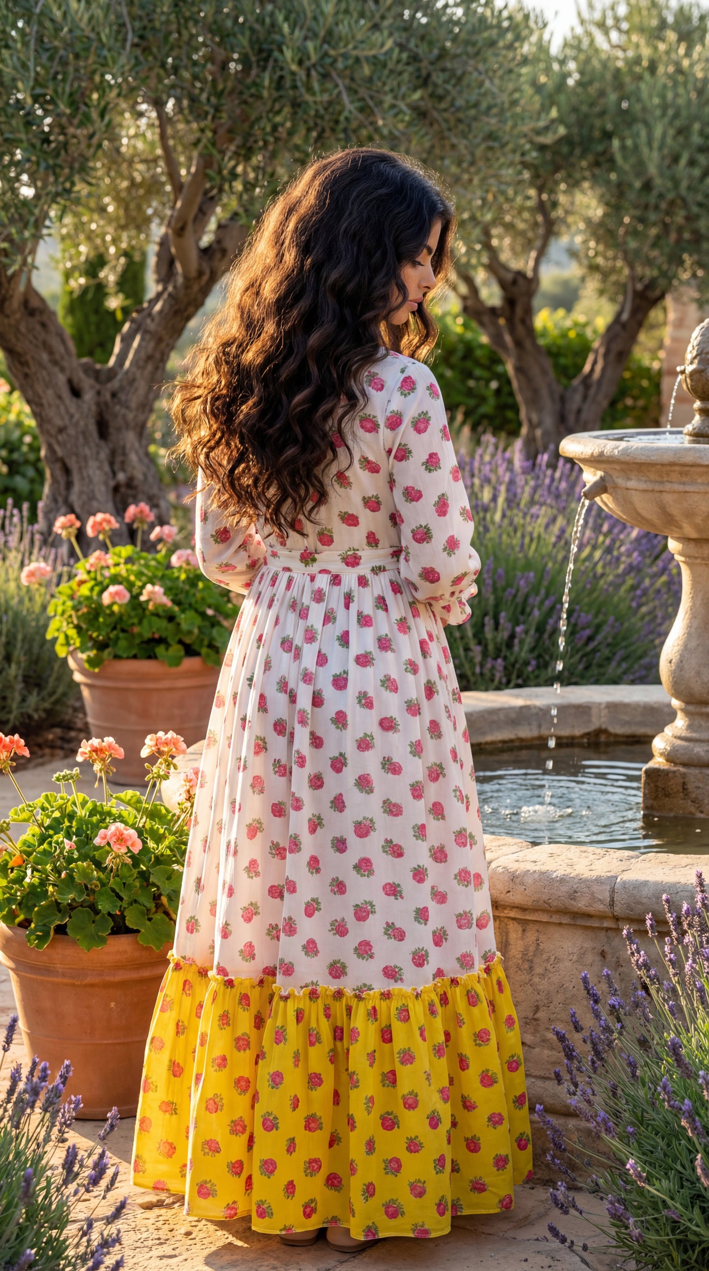 فستان قطن تراثي مع ودمج لونين