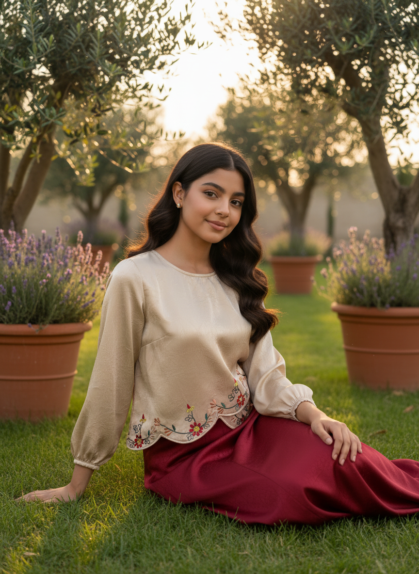 قميص تنوره من الحرير الجاكار  والتطريز