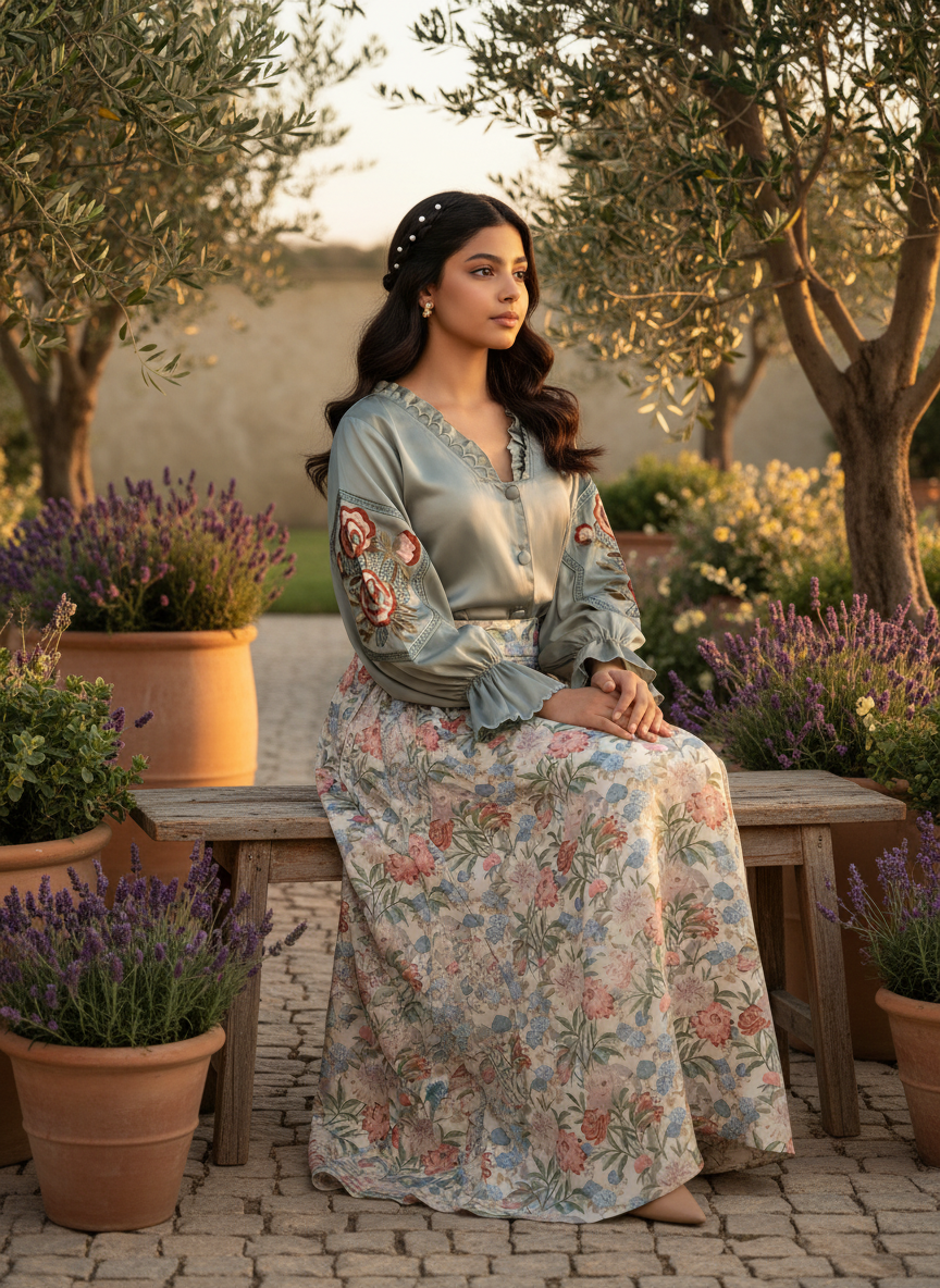 قميص تنوره من الحرير والتطريز