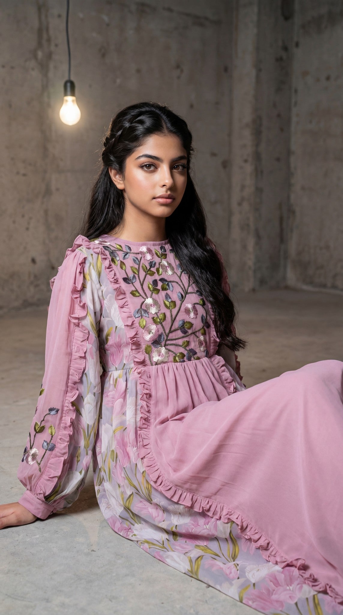 فستان من الشيفون والتطريز ودمج الساده