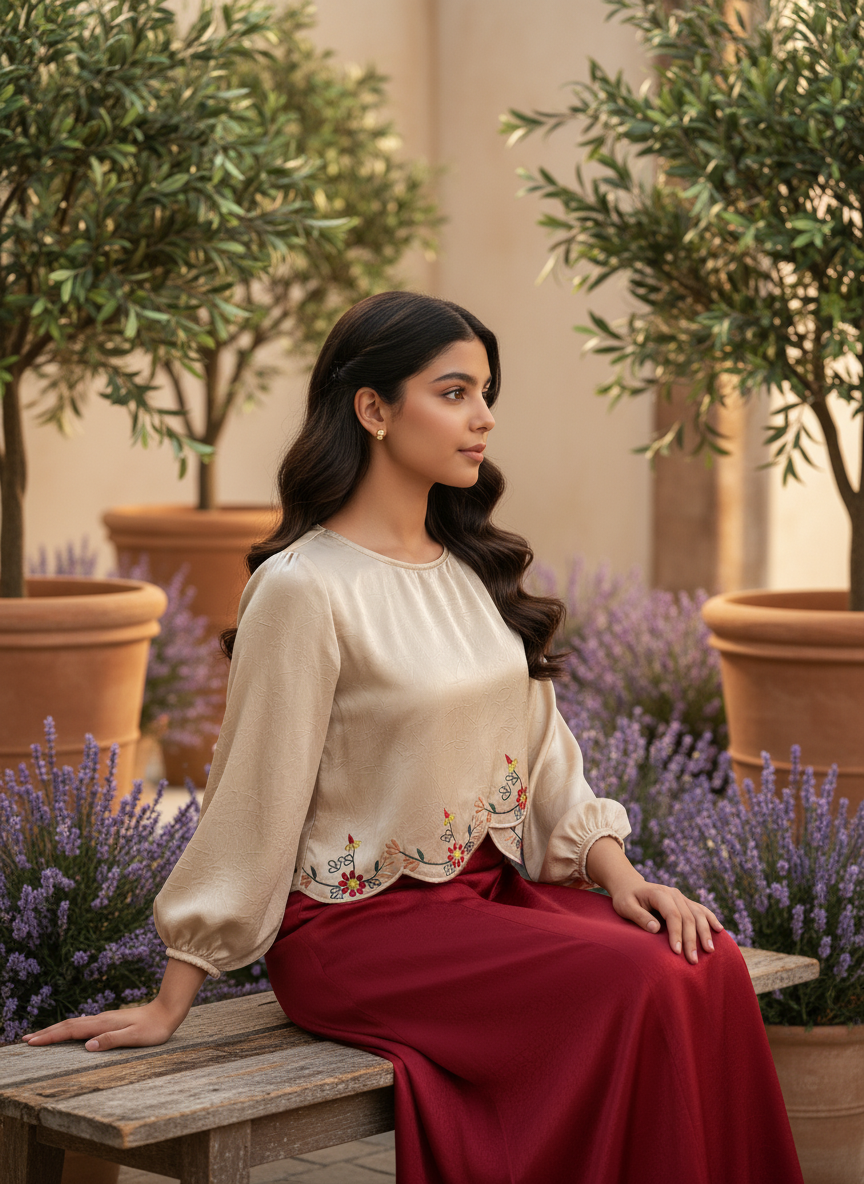 قميص تنوره من الحرير الجاكار  والتطريز