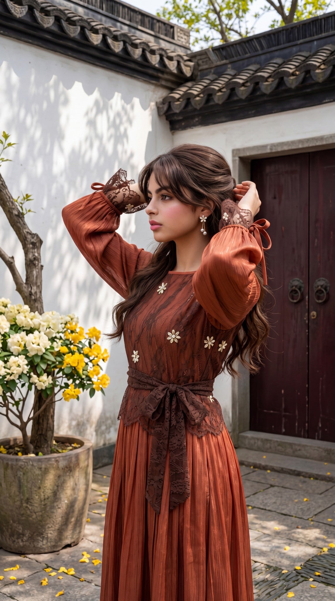 فستان اورجنزا ناعم بدون كسرات مع دانتيل وشك