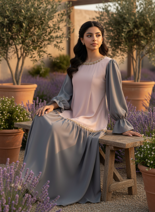 فستان  حرير الماس    دمج  لونين مع باينات شك