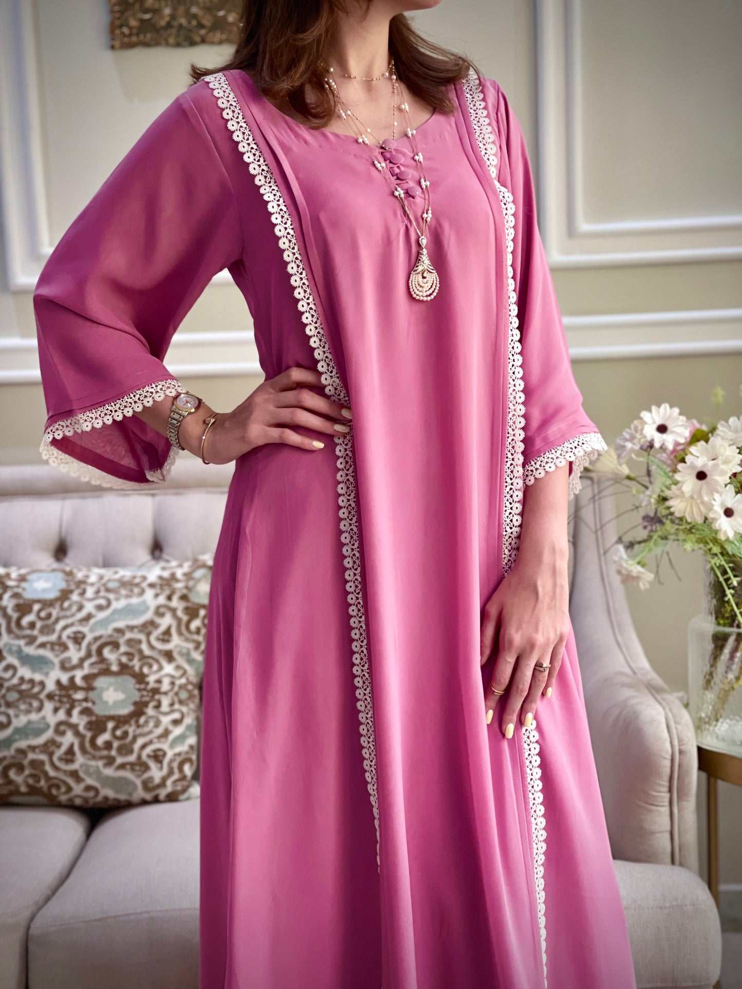 جلابيه دبل شيفون مع دانتيل