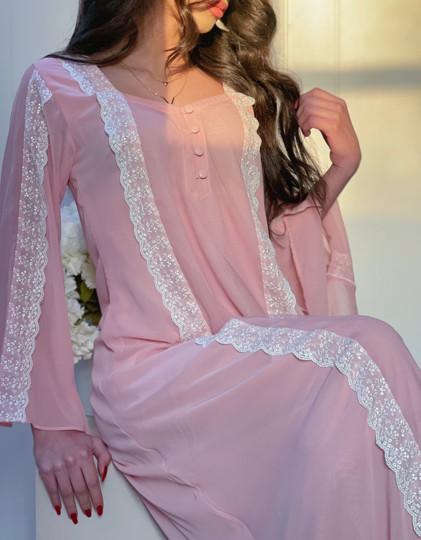 جلابيه دبل شيفون مع  تور ودانتيل