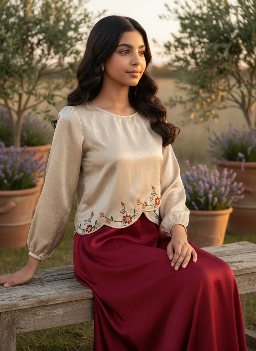 قميص تنوره من الحرير الجاكار  والتطريز