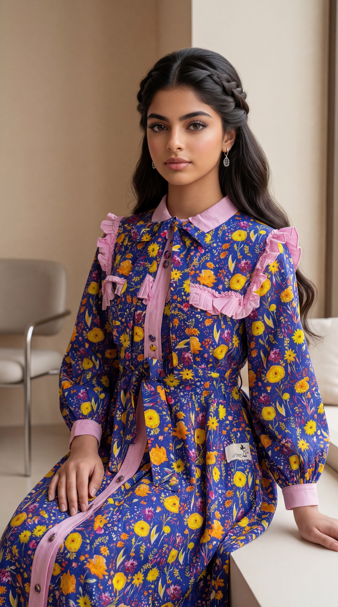 فستان قطن مع دمج السادة