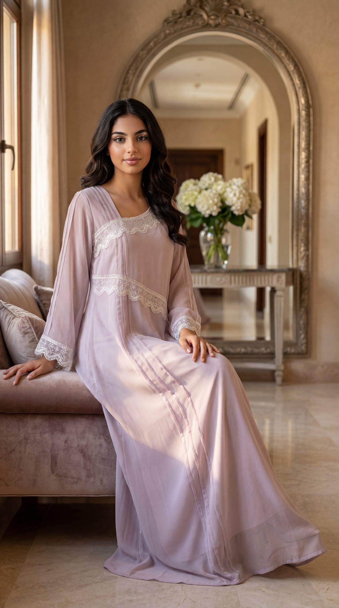 شيفون  بنفسجي فاااتح مع دانتيل وريمبو