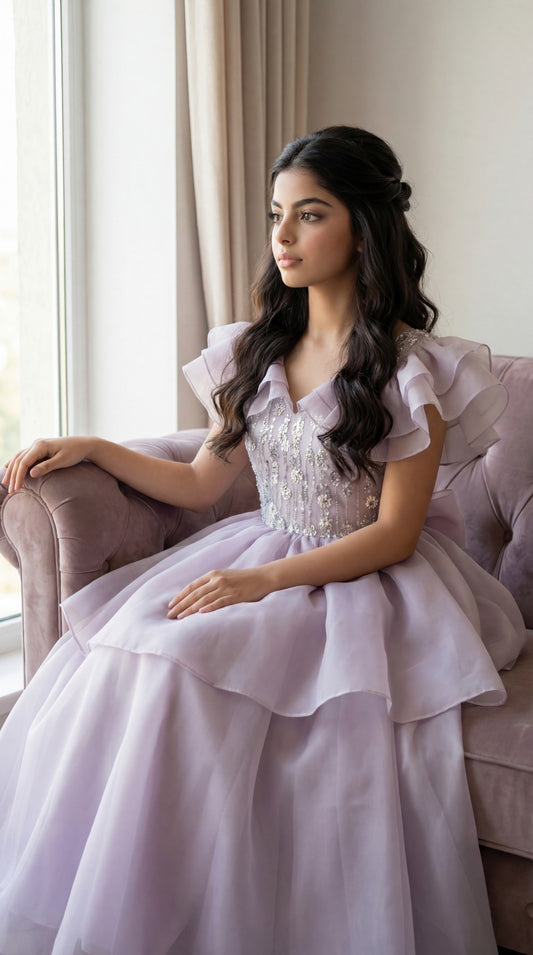 فستان انيق للمراهقات والصغيرات الكتف مغلق او مفتوح حسب اختيار الزبونه