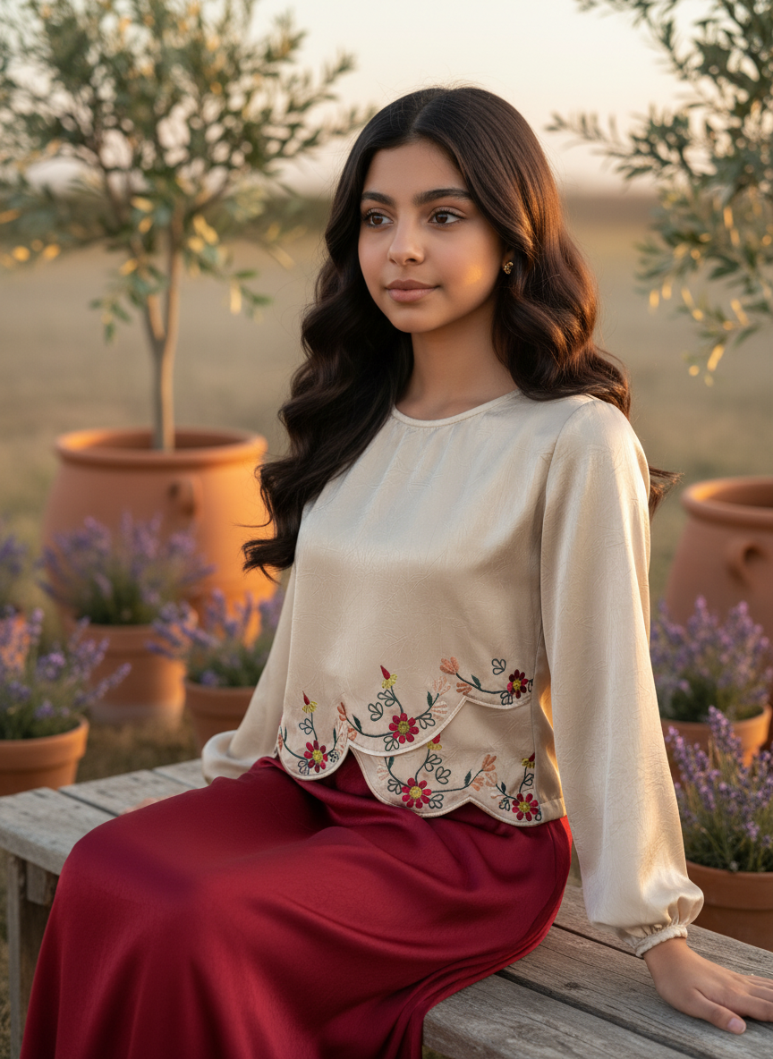 قميص تنوره من الحرير الجاكار  والتطريز