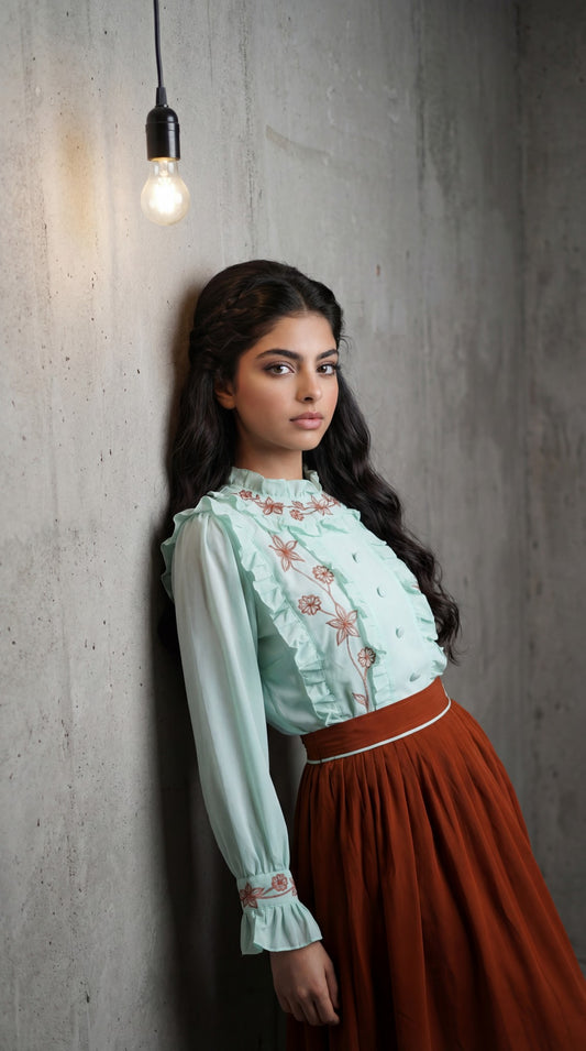 قميص تنوره حرير الماس مع تطريز