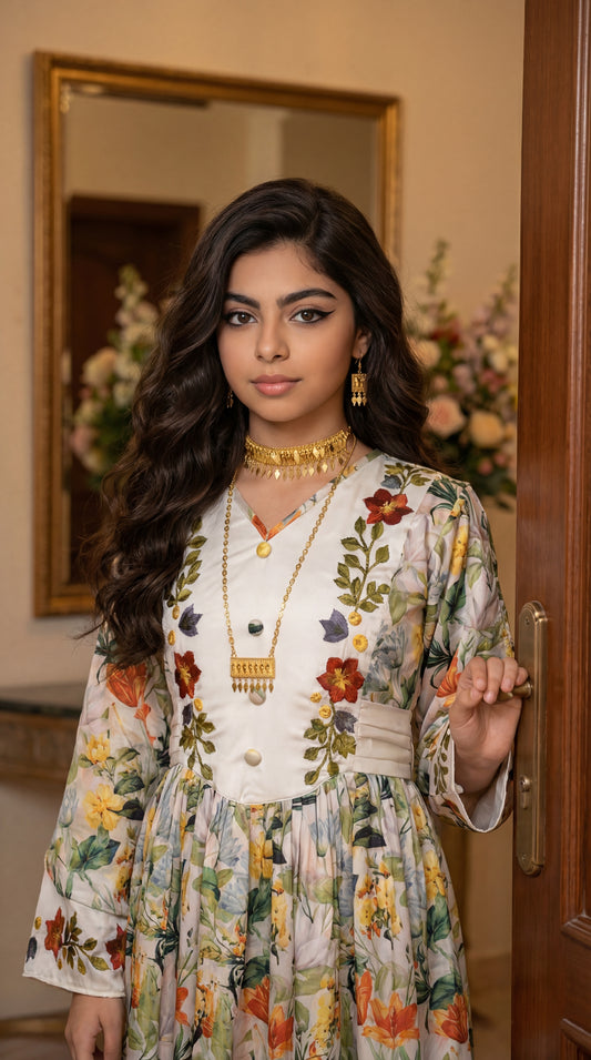 فستان   من الحرير  مع تطريز