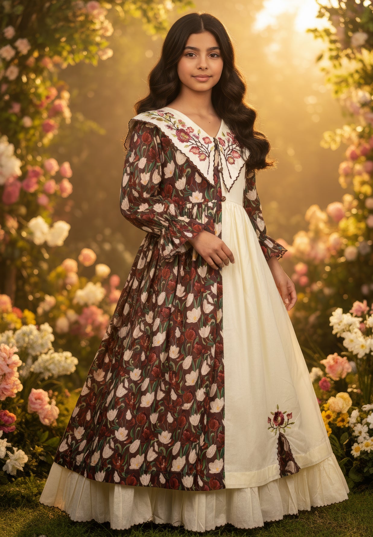 فستان قطن مع تطريز ودمج الساده