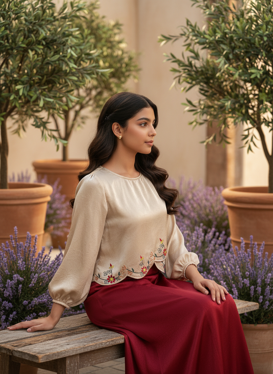 قميص تنوره من الحرير الجاكار  والتطريز