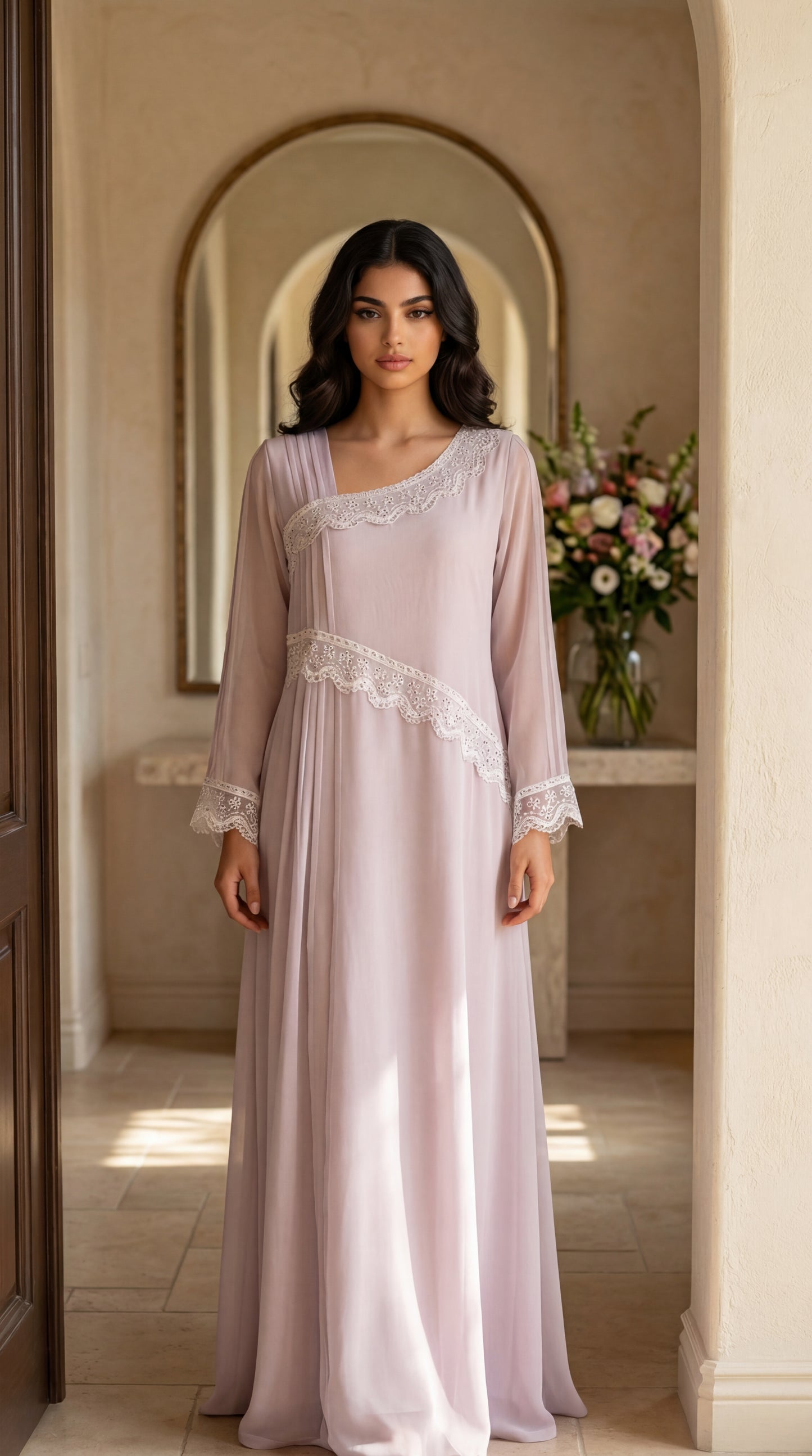 شيفون  بنفسجي فاااتح مع دانتيل وريمبو