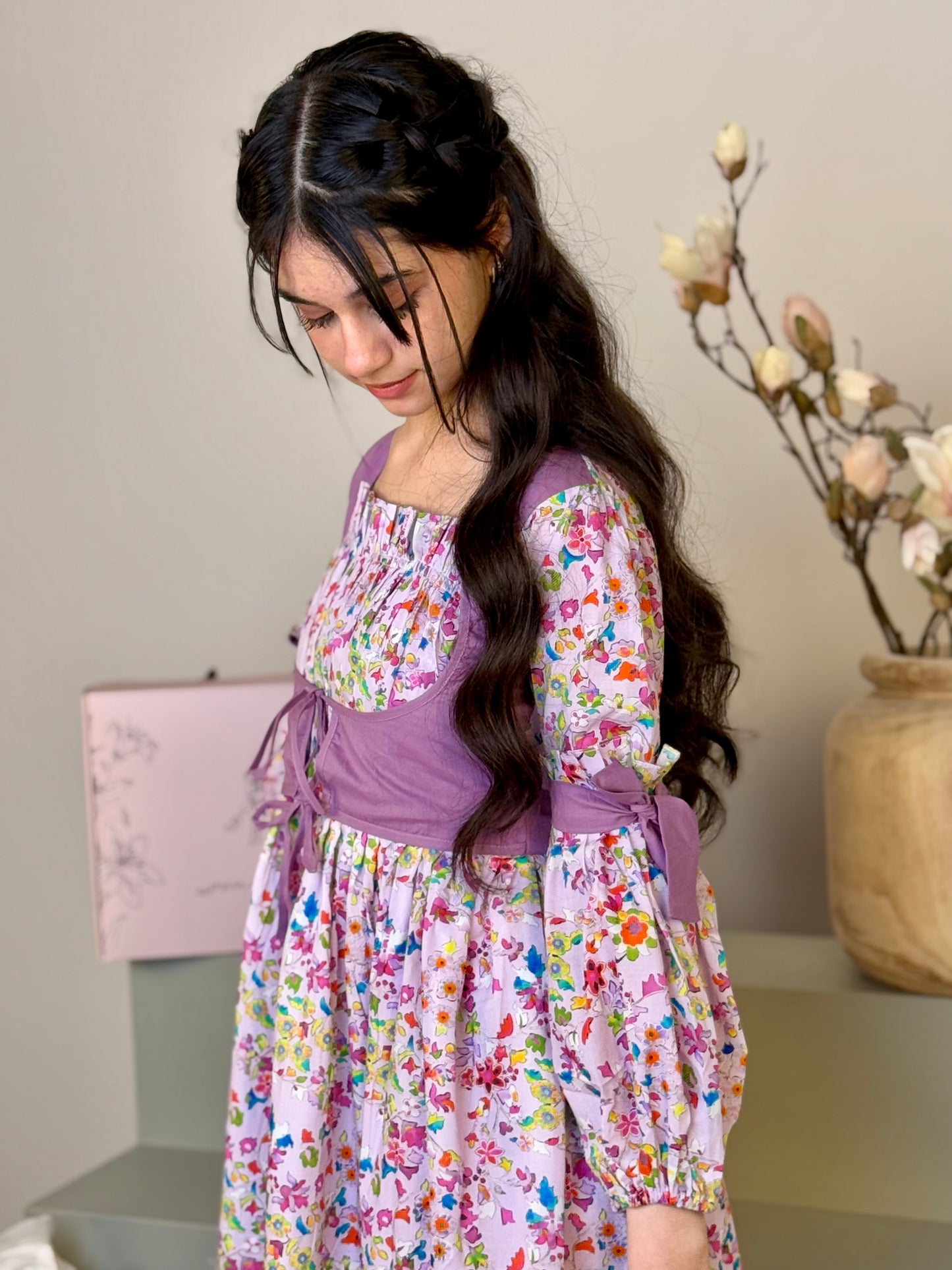 فستان قطن مع دمج السادة