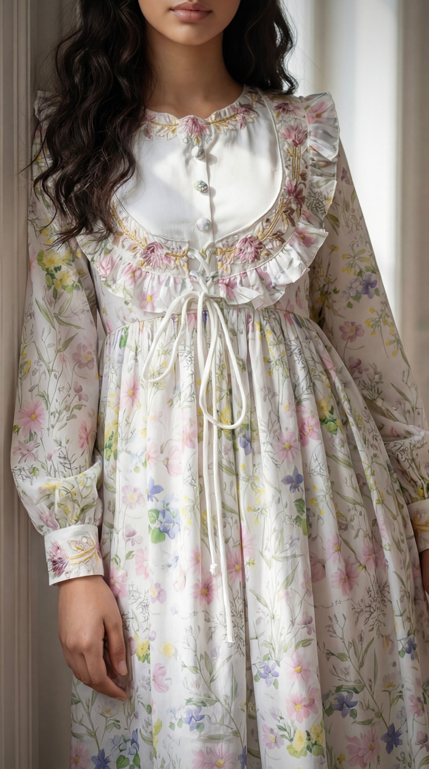 فستان من الحرير مع تطريز على شكل جاكيت