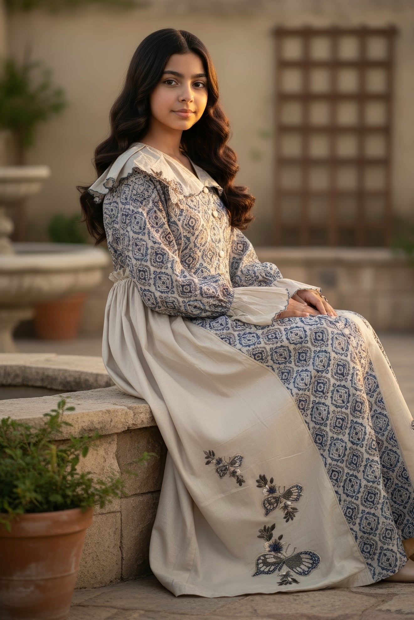 فستان قطن مع تطريز ودمج الساده