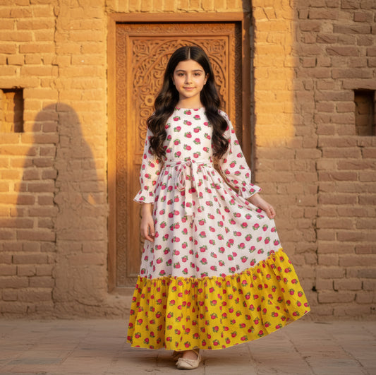 فستان قطن تراثي مع  ودمج لونين