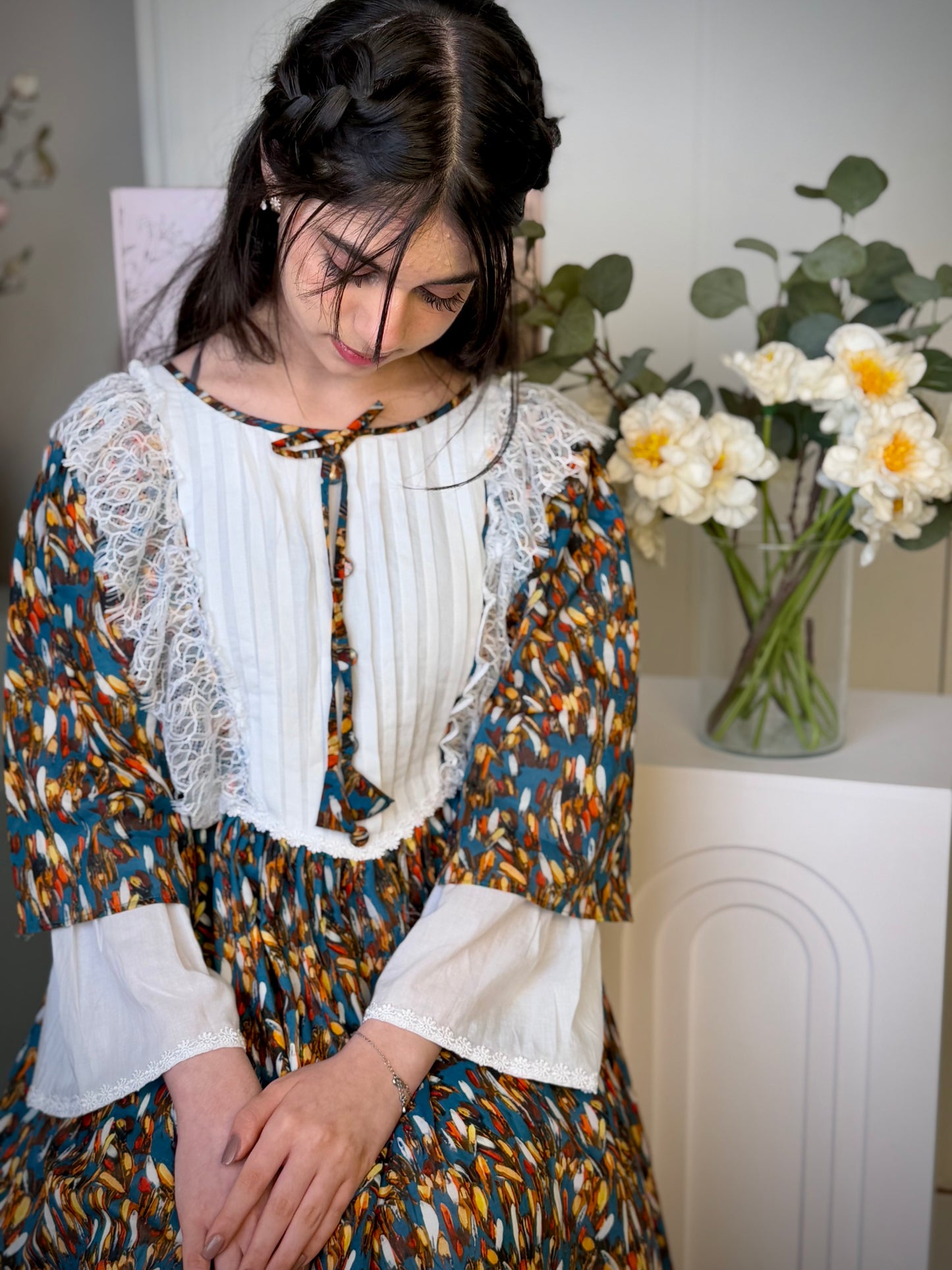 فستان قطن مع دمج السادة