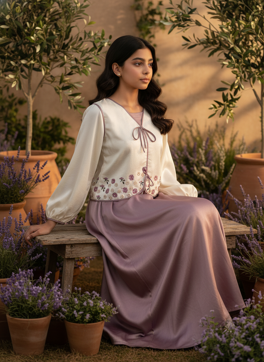 قميص تنوره من الحرير الجاكار  والتطريز