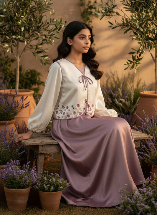 قميص تنوره من الحرير الجاكار  والتطريز