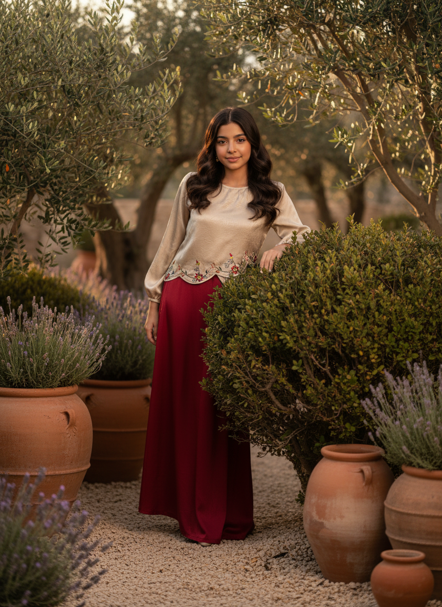 قميص تنوره من الحرير الجاكار  والتطريز