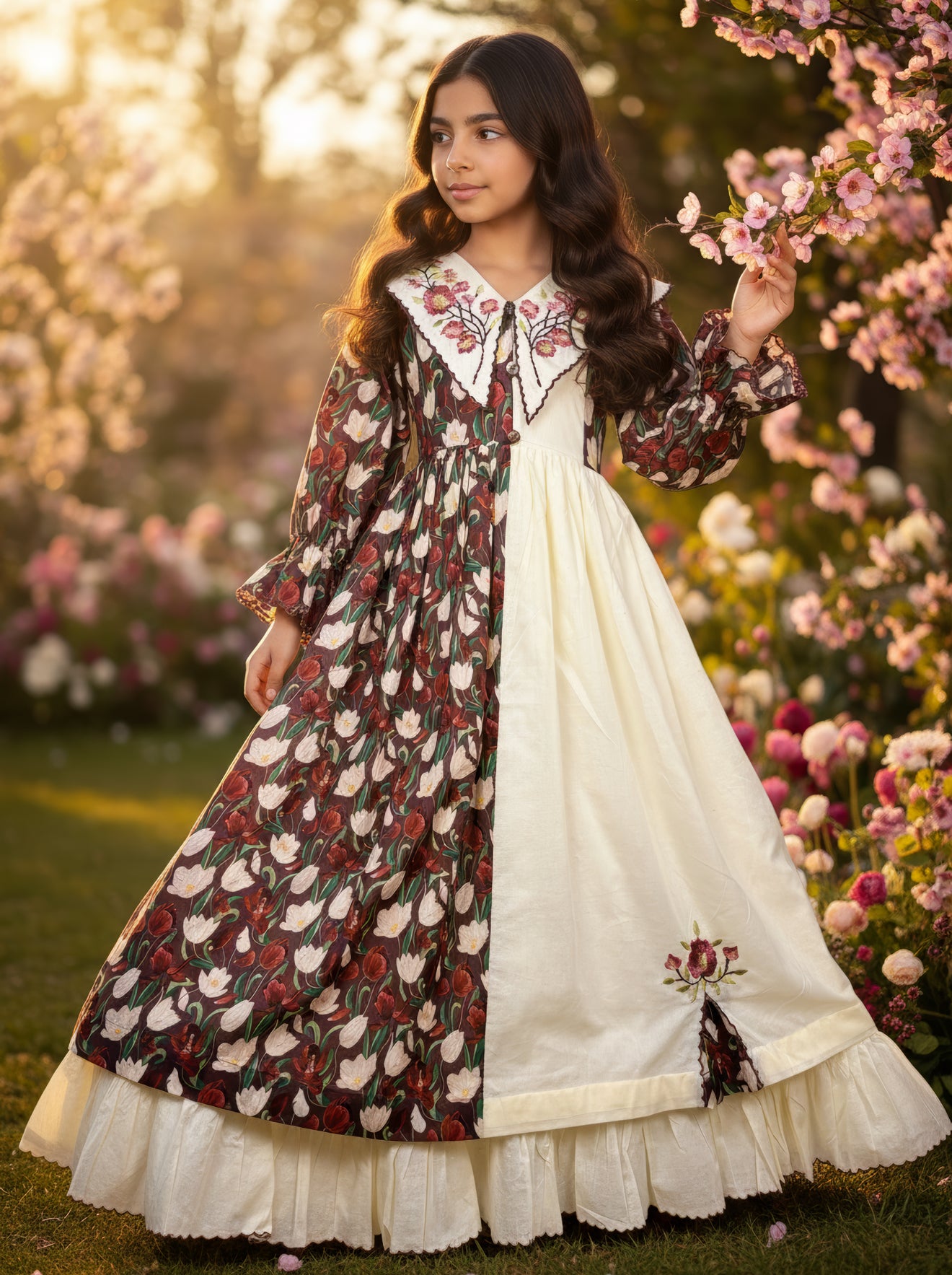 فستان قطن مع تطريز ودمج الساده