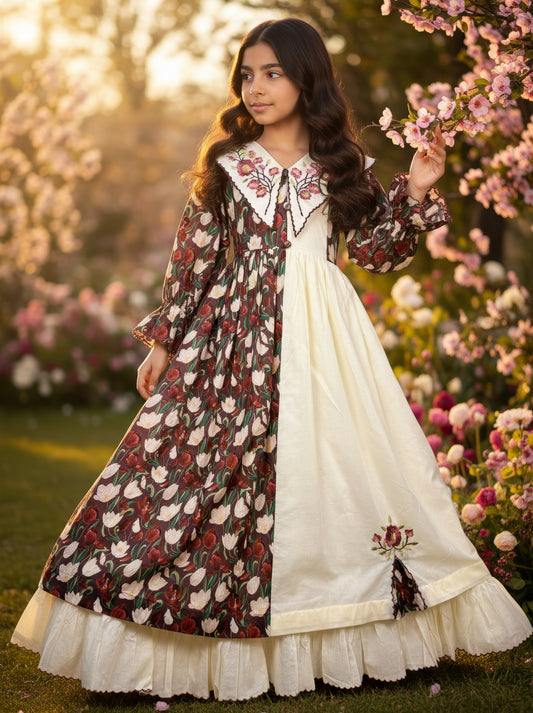 فستان قطن مع تطريز ودمج الساده