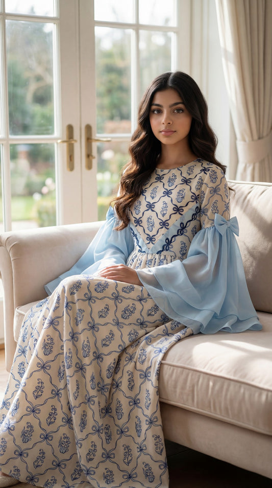 فستان  قطن مع تطريز ودمج الساده