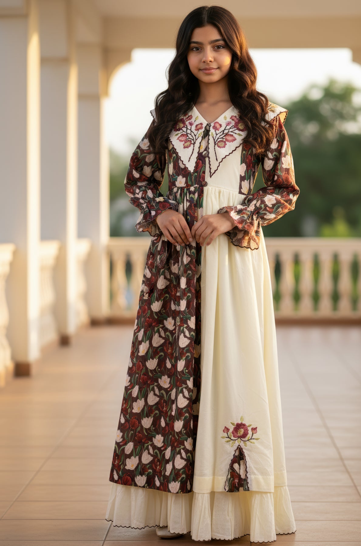 فستان قطن مع تطريز ودمج الساده