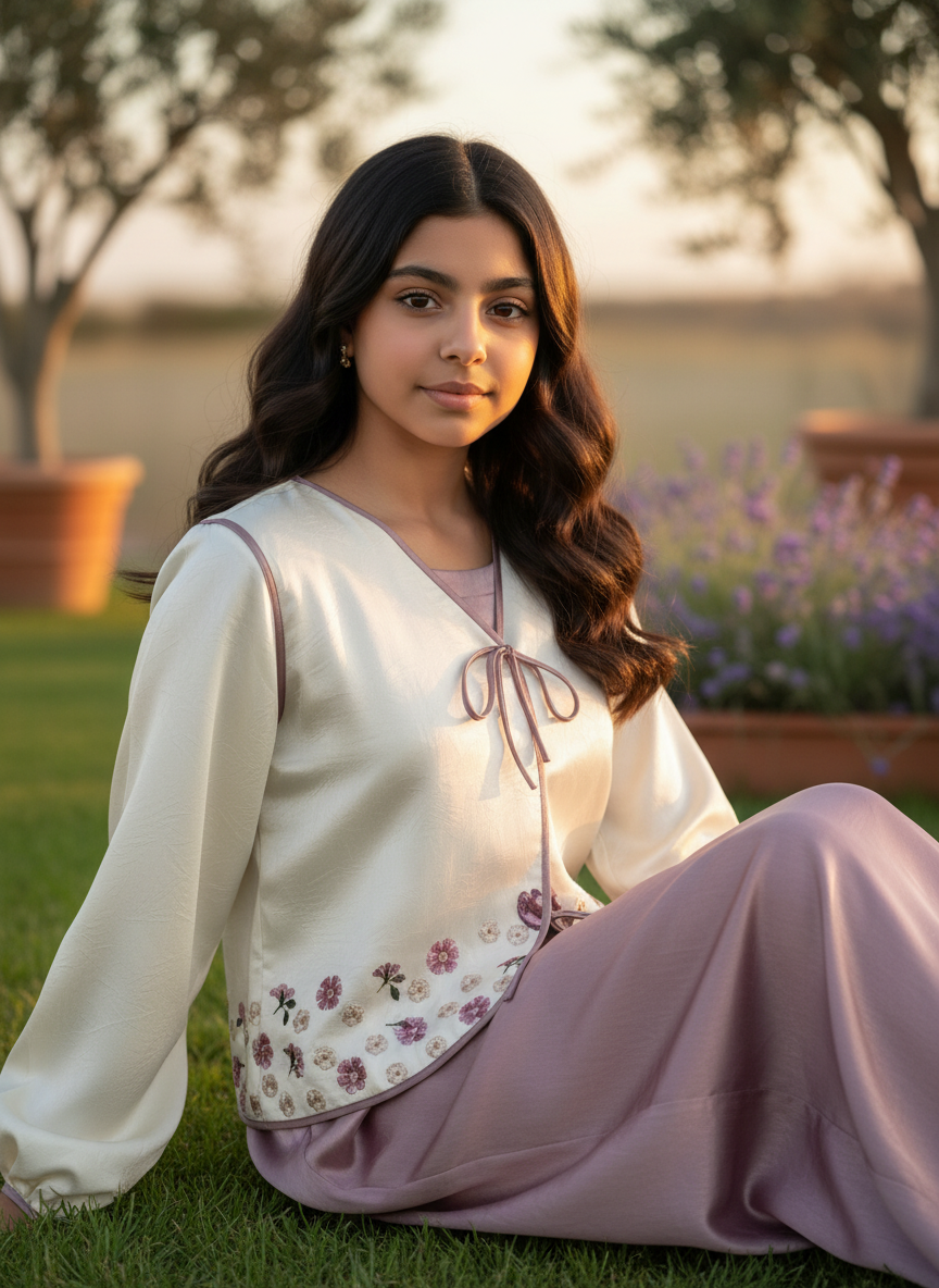 قميص تنوره من الحرير الجاكار  والتطريز