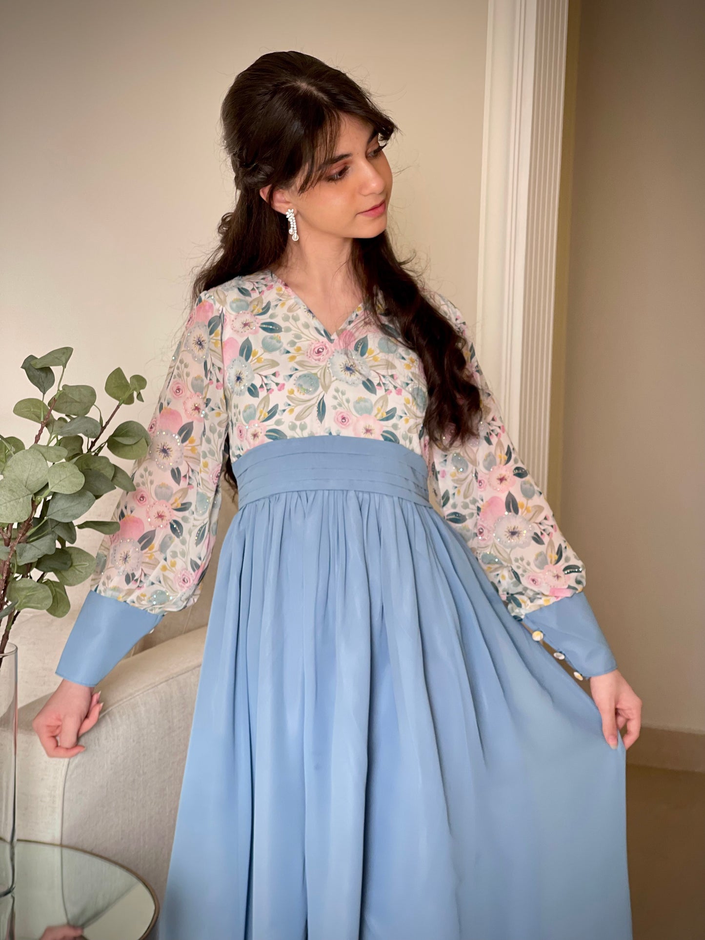 فستان شيفون فصوص مع ساده تسليم  قبل العيد