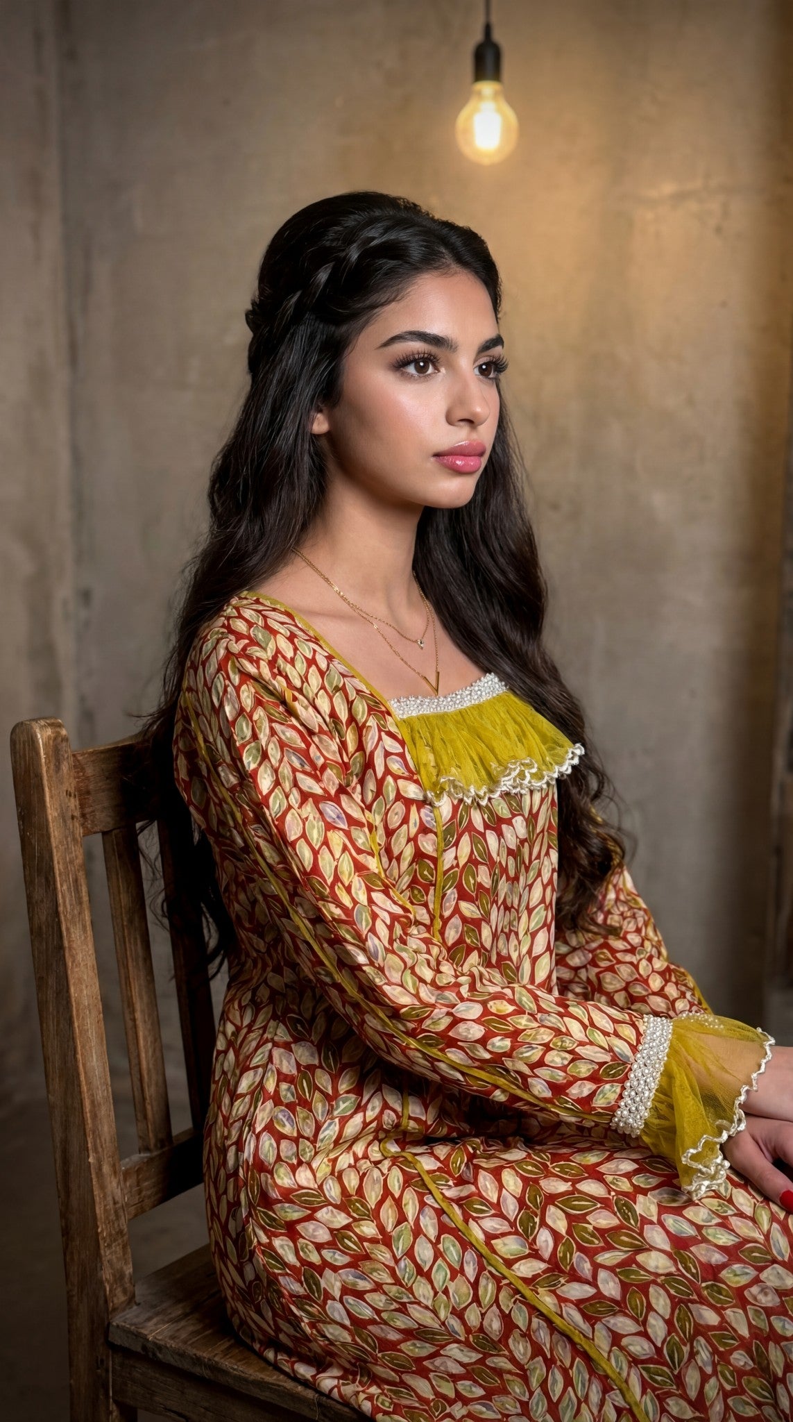 جلابية مع تور مطرز وشغل دانتيل شك