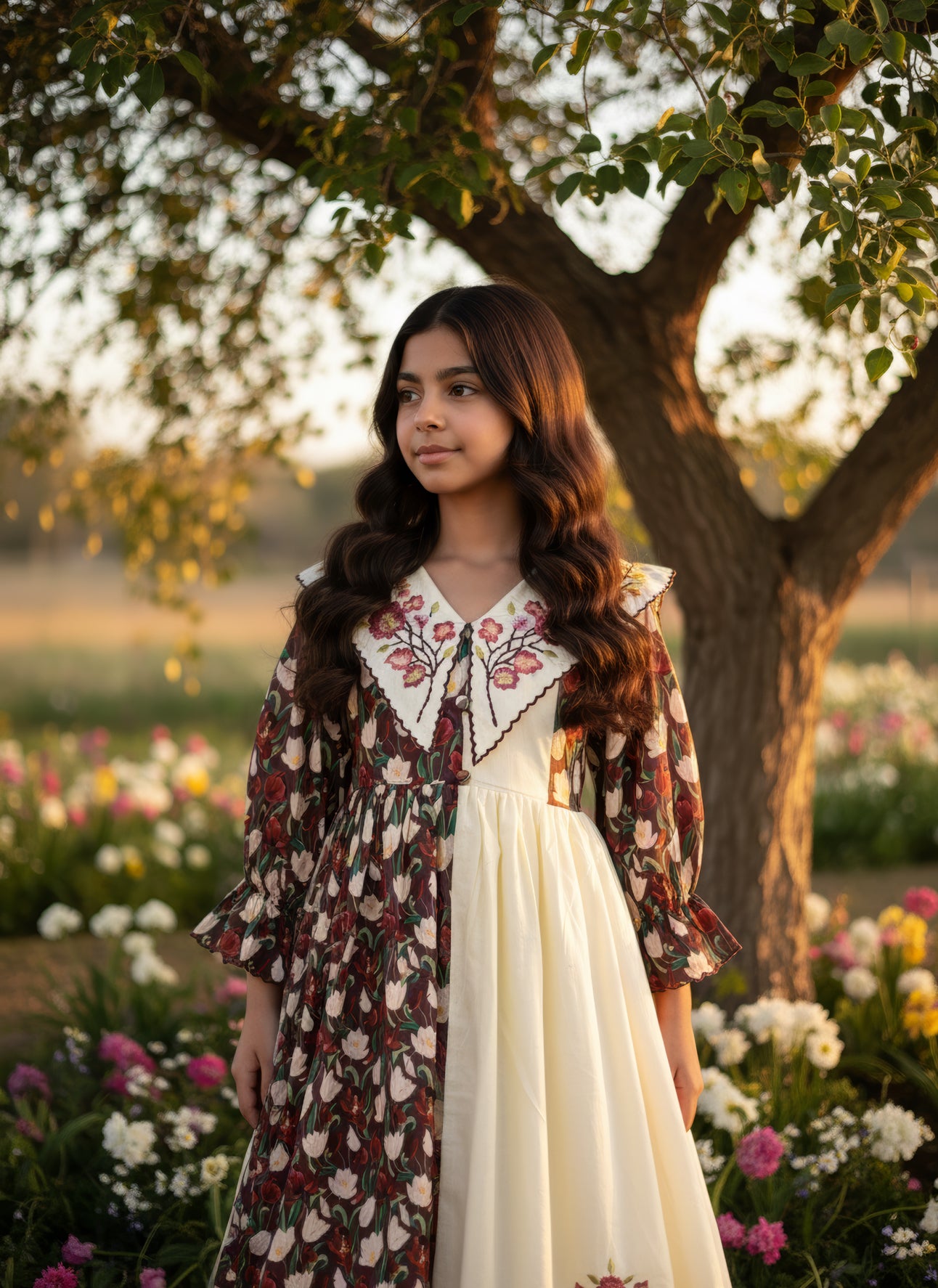 فستان قطن مع تطريز ودمج الساده