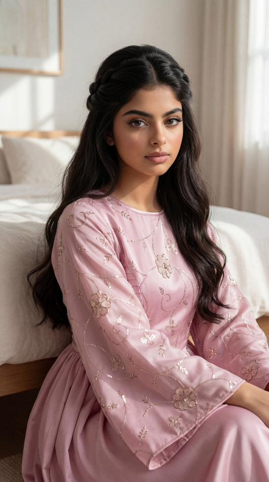 فستان  حرير الماس مع تور مشغول ترتر وتطريز